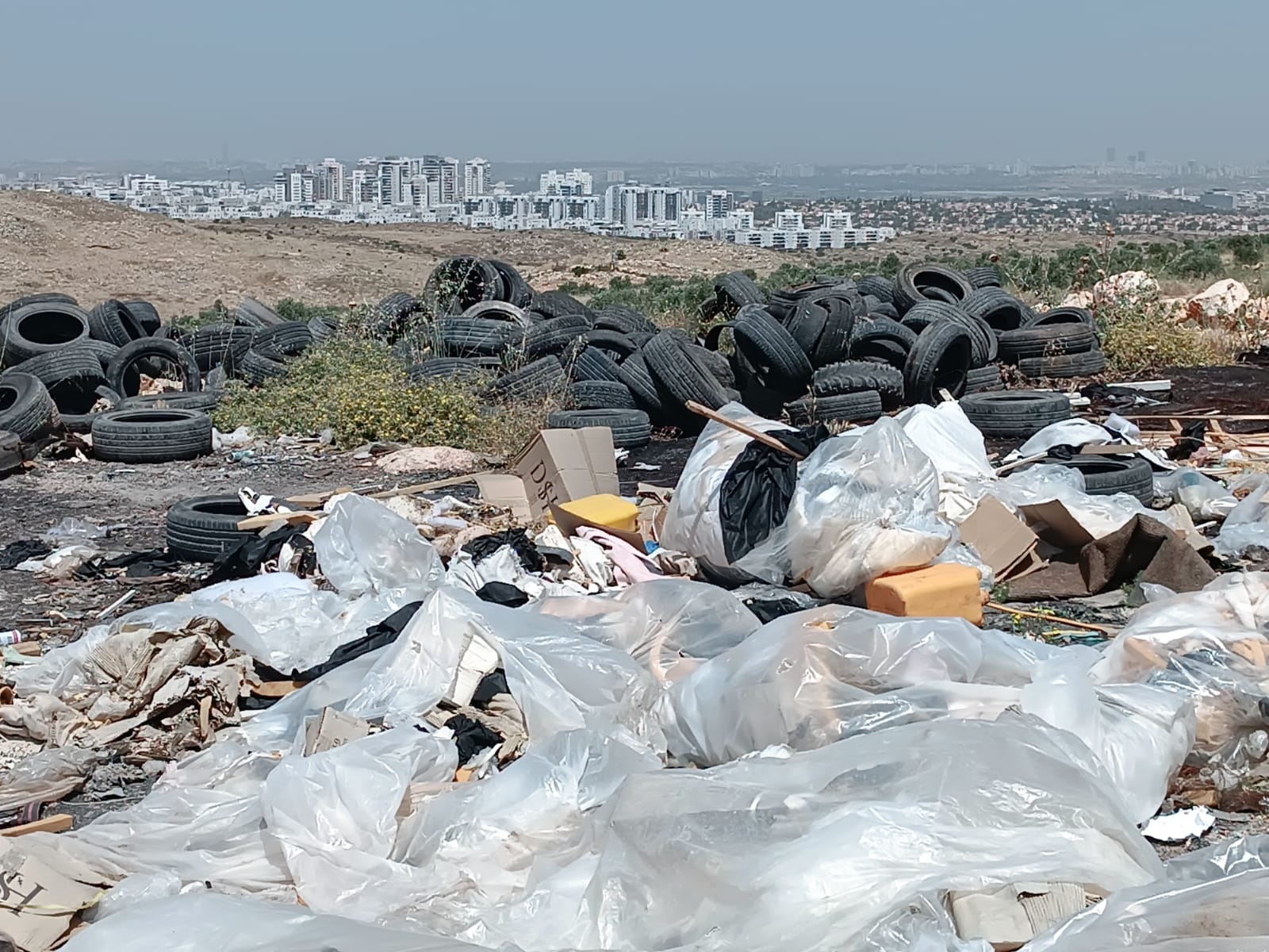 "האיום הביטחוני והאסון הסביבתי של גוש דן מיוצרים כאן, באור יום". מזבלה פיראטית על רקע בתי ראש העין. צילום: יוסף ארנפלד